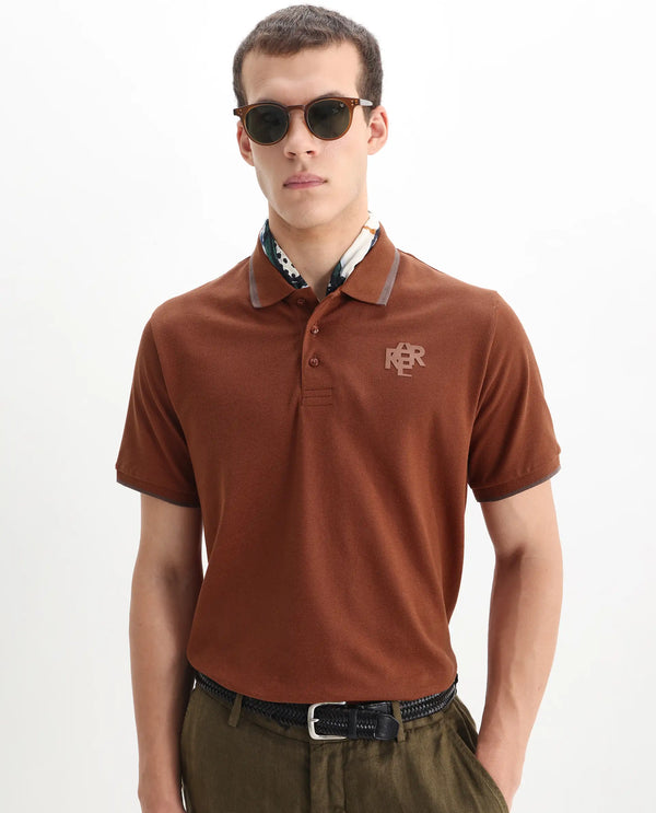 Rare Rabbit Men's Hux Rust Cotton Fabric Short Sleeves Collared Neck Plain Knit Polo T-Shirt