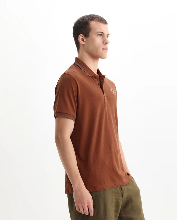 Rare Rabbit Men's Hux Rust Cotton Fabric Short Sleeves Collared Neck Plain Knit Polo T-Shirt