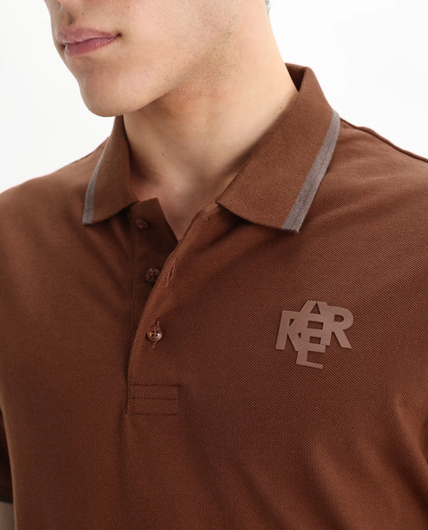 Rare Rabbit Men's Hux Rust Cotton Fabric Short Sleeves Collared Neck Plain Knit Polo T-Shirt