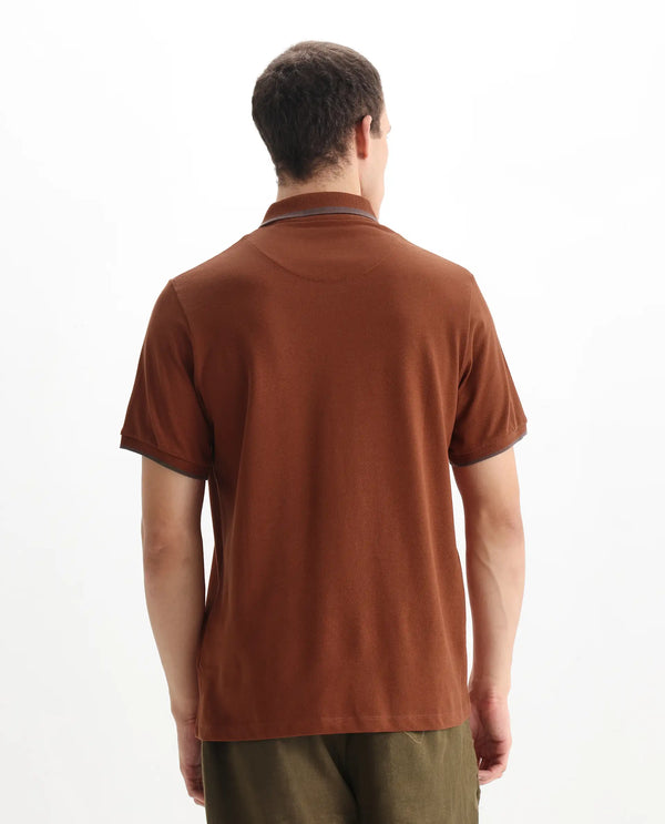 Rare Rabbit Men's Hux Rust Cotton Fabric Short Sleeves Collared Neck Plain Knit Polo T-Shirt