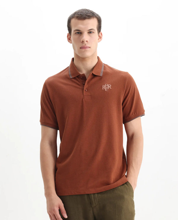 Rare Rabbit Men's Hux Rust Cotton Fabric Short Sleeves Collared Neck Plain Knit Polo T-Shirt