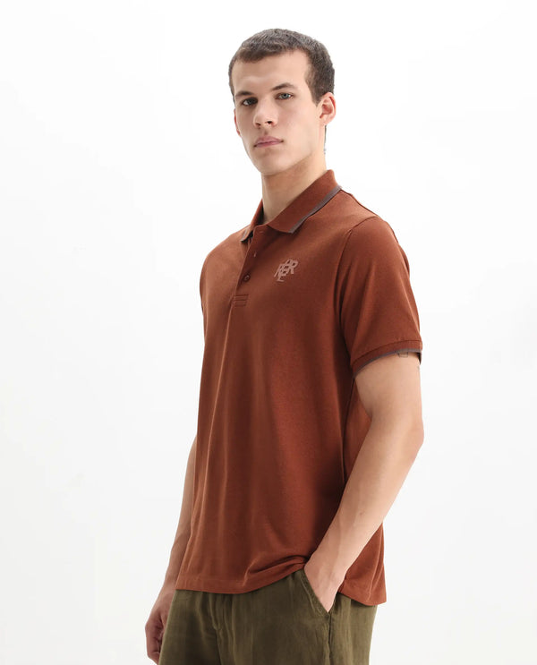 Rare Rabbit Men's Hux Rust Cotton Fabric Short Sleeves Collared Neck Plain Knit Polo T-Shirt