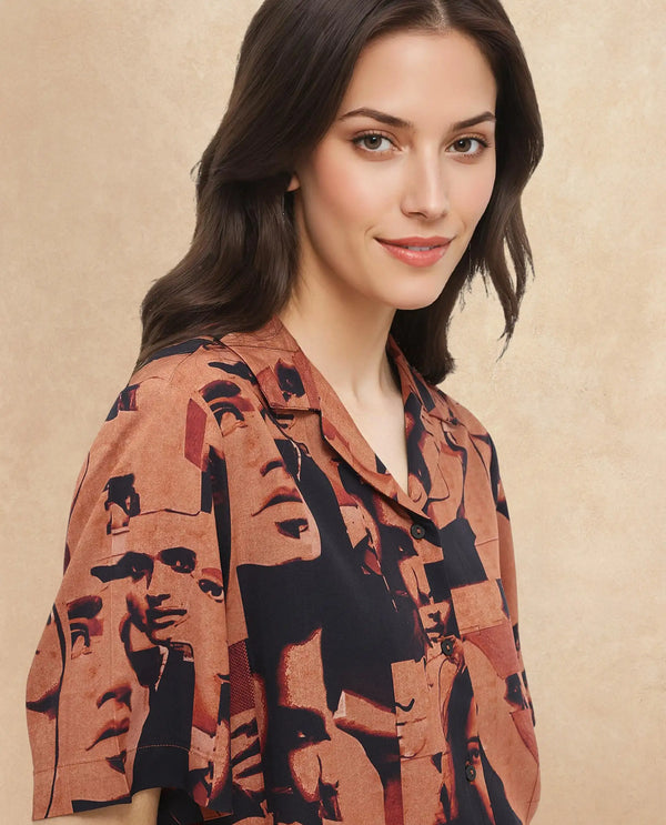 Rareism Women Hagen Brown Short Sleeve Collared Neck  Relaxed Fit Abstract Print Shirt