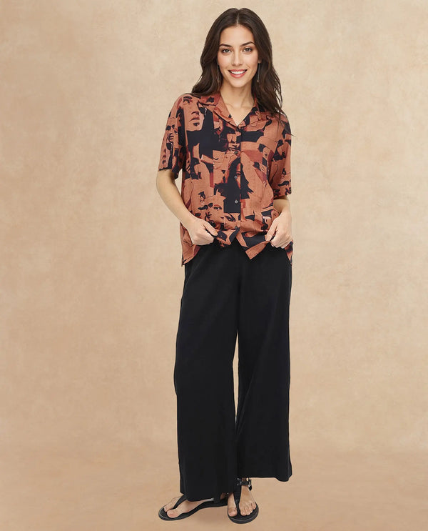 Rareism Women Hagen Brown Short Sleeve Collared Neck  Relaxed Fit Abstract Print Shirt