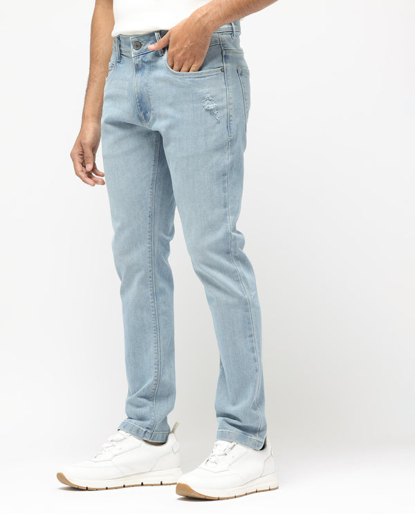 Rare Rabbit Men's Hawkins Pastel Blue Ice Wash Mid-Rise Regular Fit Jeans