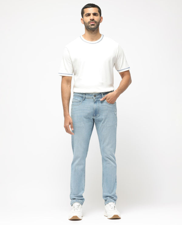 Rare Rabbit Men's Hawkins Pastel Blue Ice Wash Mid-Rise Regular Fit Jeans