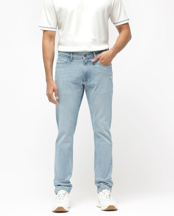 Rare Rabbit Men's Hawkins Pastel Blue Ice Wash Mid-Rise Regular Fit Jeans