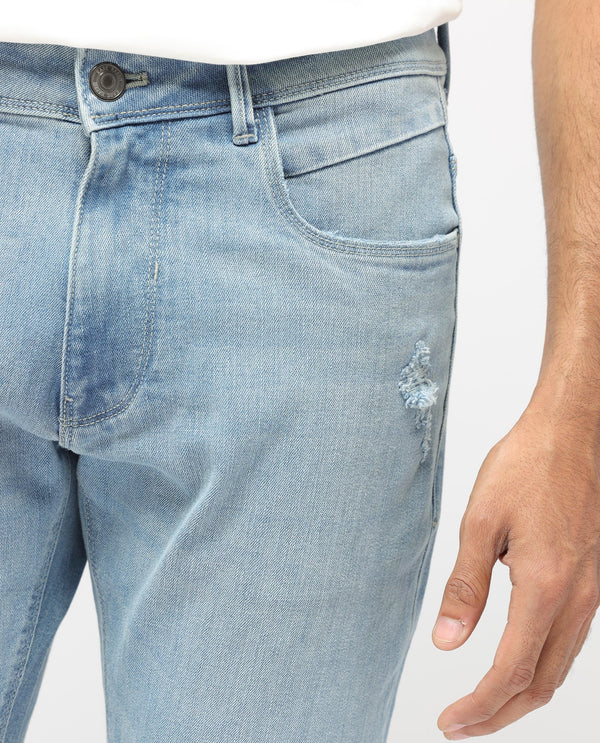 Rare Rabbit Men's Hawkins Pastel Blue Ice Wash Mid-Rise Regular Fit Jeans