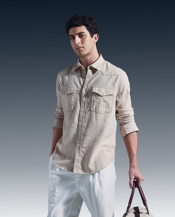Rare Rabbit Men Haxlr Beige Full Sleeve Collared Neck Button Closure Plain Shirt