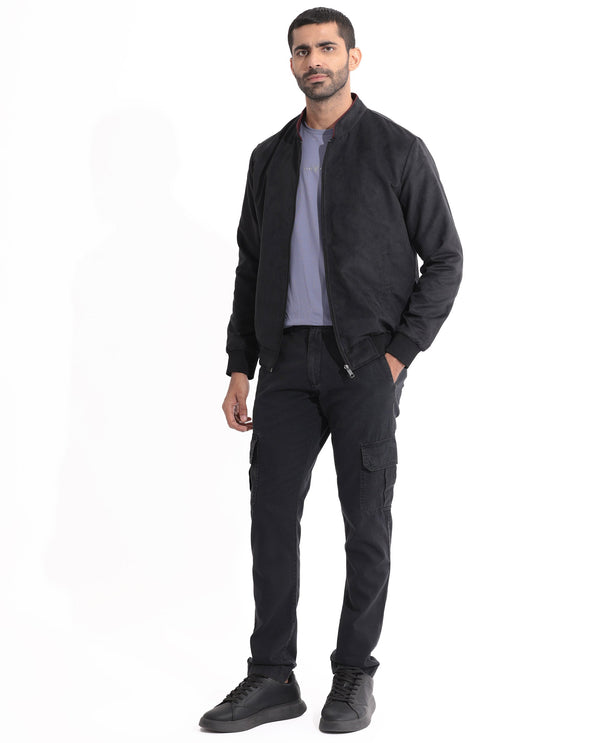 Rare Rabbit Men's Henron Black Plain Suede Bomber Jacket