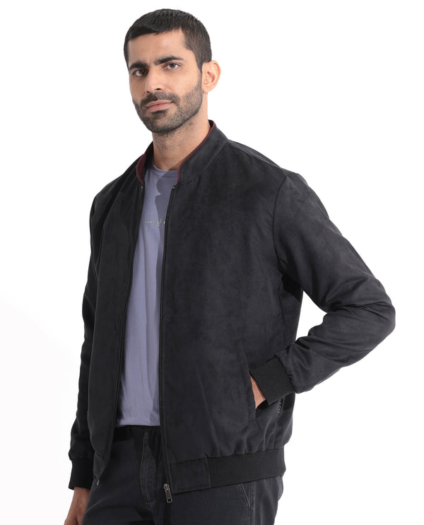 Rare Rabbit Men's Henron Black Plain Suede Bomber Jacket