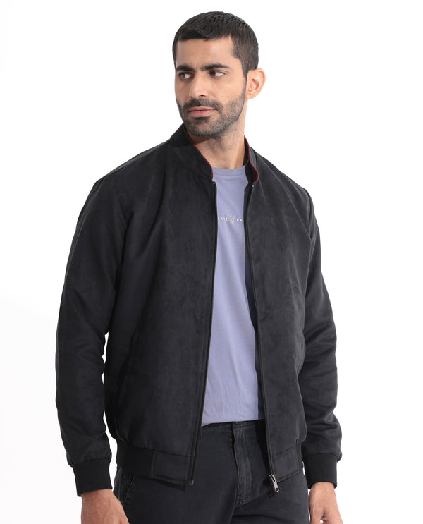 Rare Rabbit Men's Henron Black Plain Suede Bomber Jacket