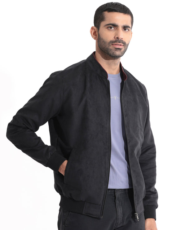 Rare Rabbit Men's Henron Black Plain Suede Bomber Jacket