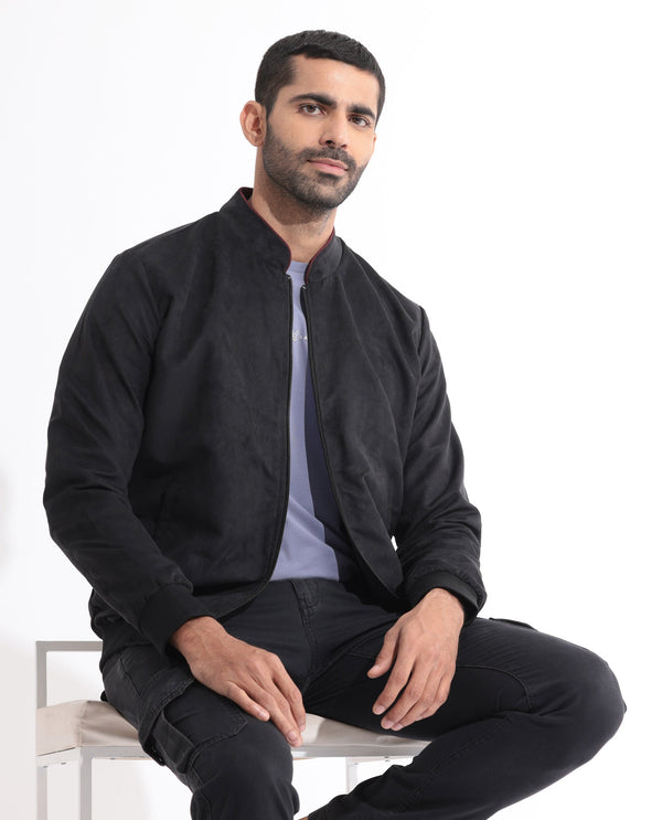 Rare Rabbit Men's Henron Black Plain Suede Bomber Jacket