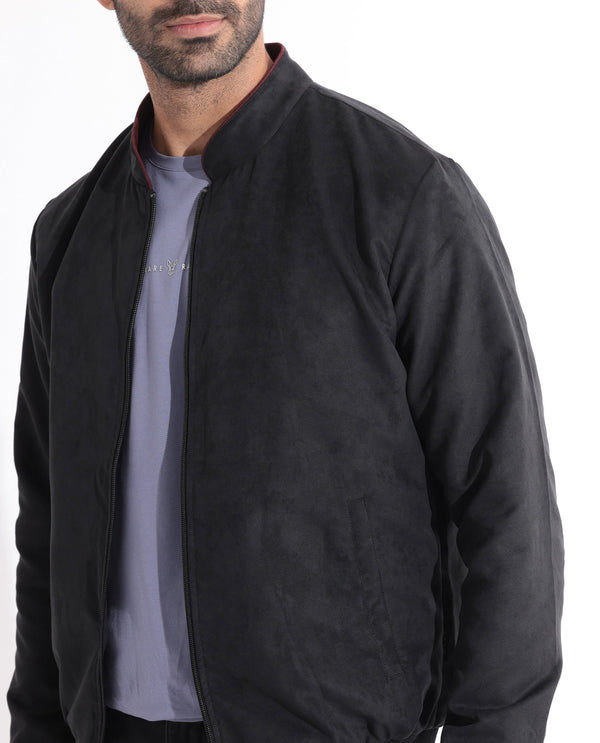 Rare Rabbit Men's Henron Black Plain Suede Bomber Jacket