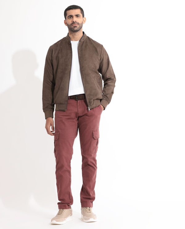 Rare Rabbit Men's Henron Dark Brown Plain Suede Bomber Jacket