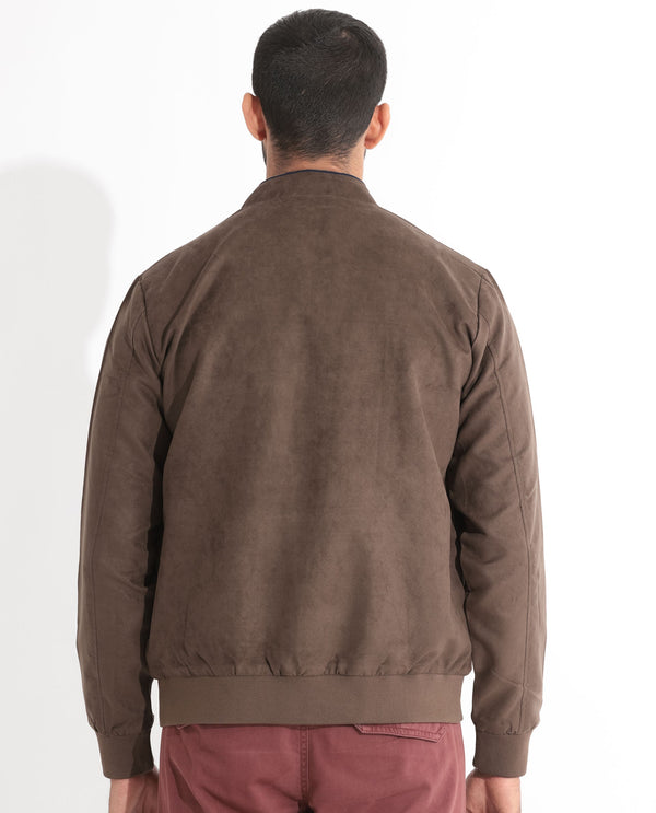 Rare Rabbit Men's Henron Dark Brown Plain Suede Bomber Jacket