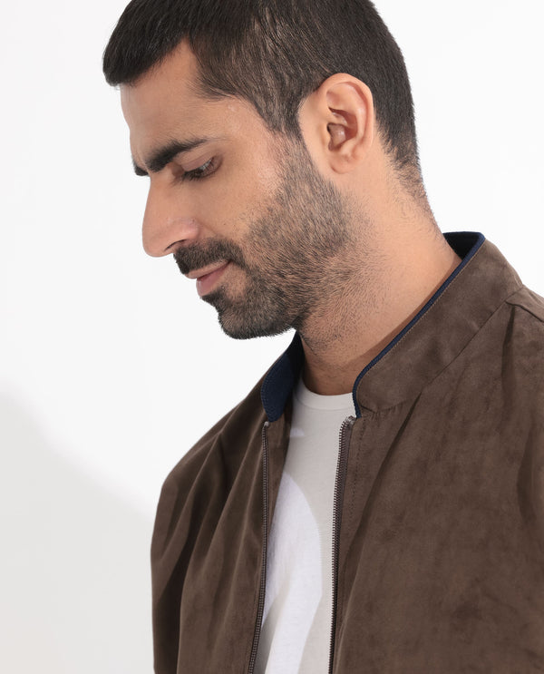Rare Rabbit Men's Henron Dark Brown Plain Suede Bomber Jacket