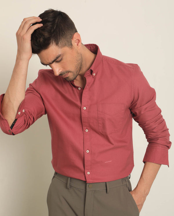 Rare Rabbit Men's Auxfo Pink Cotton Fabric Full Sleeves Solid Shirt