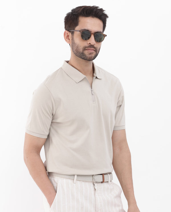 Rare Rabbit Men's Holit Dusky Beige Half Sleeves Solid Polo T-Shirt