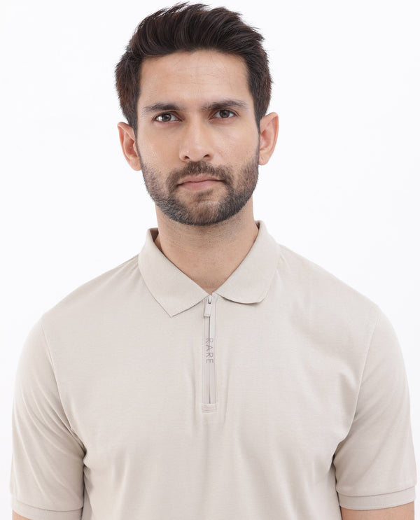 Rare Rabbit Men Holit-1 Dusky Beige Cotton Fabric Short Sleeve Collared Neck Regular Fit Printed Polo