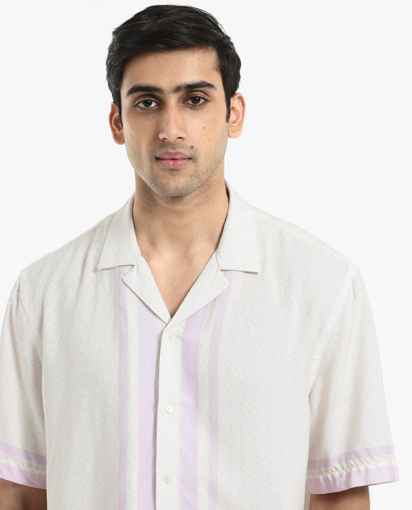 Rare Rabbit Men's Idir Off White Viscose Fabric Short Sleeve Cuban Collar Boxy Fit Monogram Print Shirt