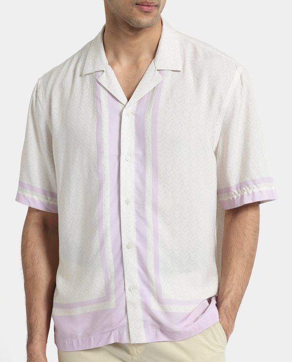 Rare Rabbit Men's Idir Off White Viscose Fabric Short Sleeve Cuban Collar Boxy Fit Monogram Print Shirt