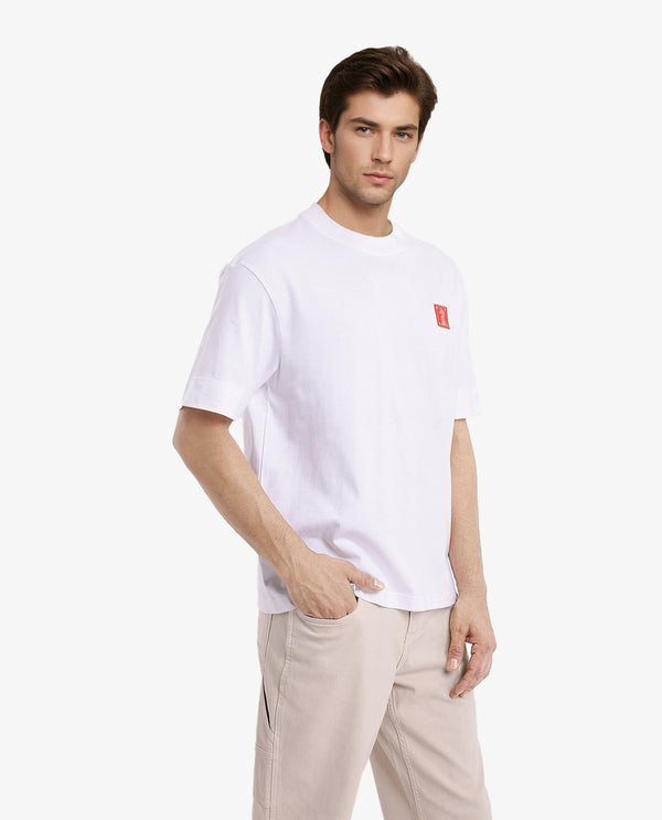 Rare Rabbit Men Ight White Cotton Fabric Short Sleeve Crew Neck Oversized Fit Graphic Back Print T-Shirt