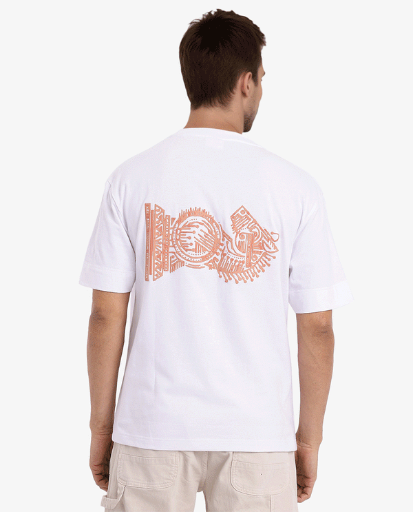 Rare Rabbit Men Ight White Cotton Fabric Short Sleeve Crew Neck Oversized Fit Graphic Back Print T-Shirt
