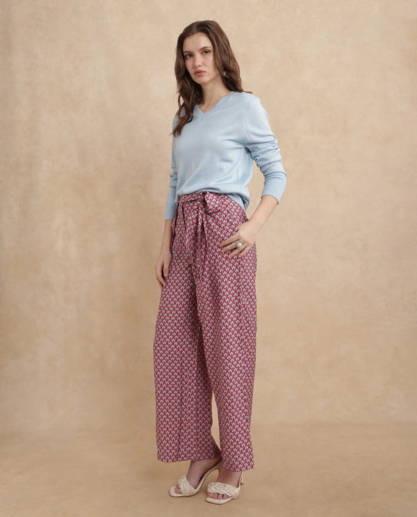 Rareism Women Imanio Multi Polyester Viscose Fabric Zipper Closure Wide Fit Ankle Length Geometric Print Trouser
