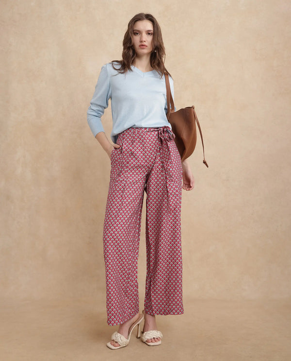 Rareism Women Imanio Multi Polyester Viscose Fabric Zipper Closure Wide Fit Ankle Length Geometric Print Trouser