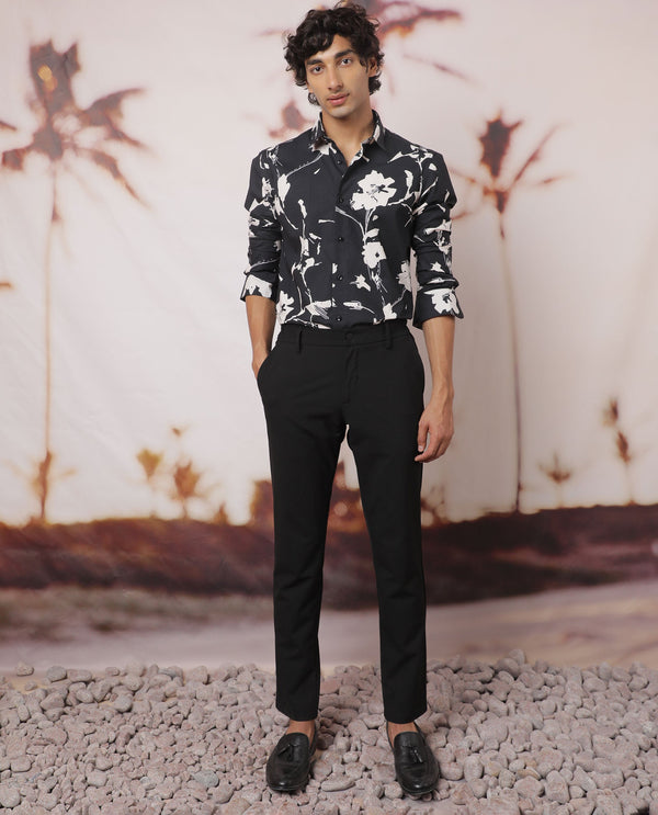 Rare Rabbit Men's Sketcherr Black Cotton Fabric Floral Print Full Sleeves Shirt