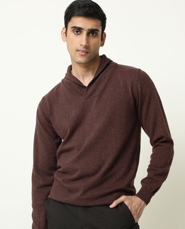 Rare Rabbit Men'S Denvy Brown Pullover Cotton Fabric Shawl Neck Full Sleeve Regular Fit Sweater