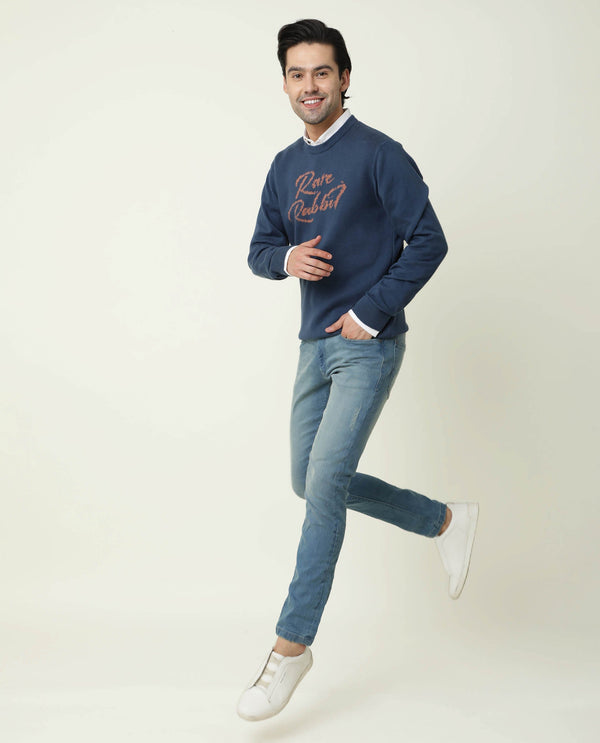 Rare Rabbit Men'S Teedo Navy Pullover Cotton Fabric Round Neck Full Sleeves Slim Fit