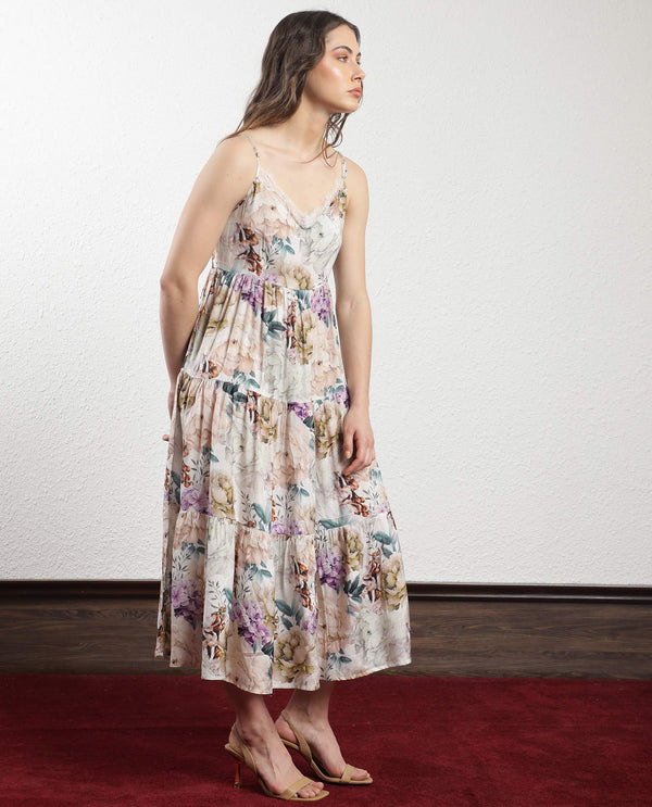 Rareism Women Joanna Multi Cotton Fabric Sleeveless V-Neck Shoulder Straps Regular Fit Floral Print Midi Tiered Dress