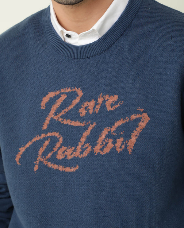 Rare Rabbit Men'S Teedo Navy Pullover Cotton Fabric Round Neck Full Sleeves Slim Fit