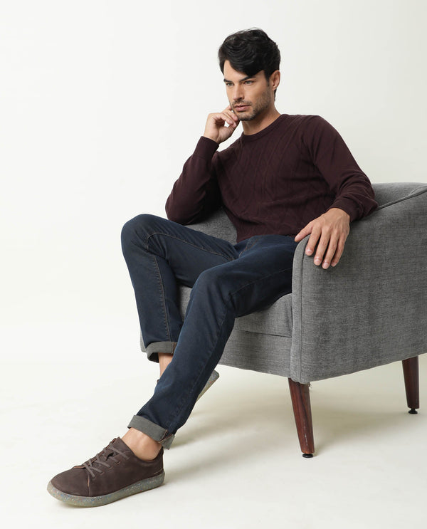 Rare Rabbit Men'S Cable Brown Sweater Cotton Fabric Full Sleeves
