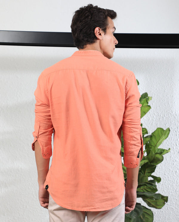 Rare Rabbit Men's Manderin Orange Modal Linen Fabric Mandarin Collar Full Sleeves Solid Shirt