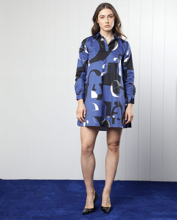 Rareism Women Macie Blue Cotton Fabric Full Sleeves Button Closure Mandarin Collar Regular Fit Graphic Print Knee Length Boxy Dress