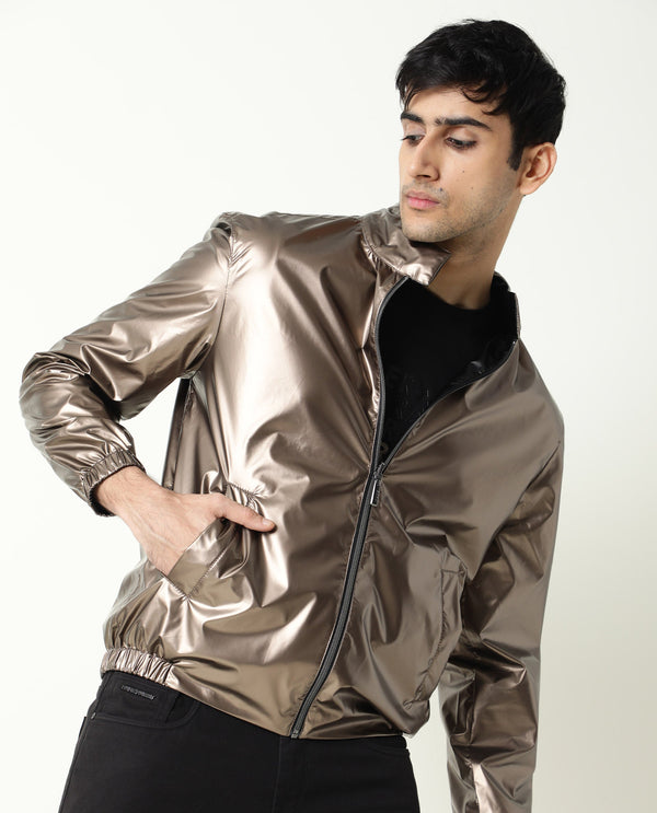 Rare Rabbit Men's Adam Gold Plain Metallic Band Collar Reversible Jacket