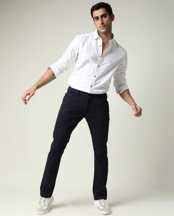 Rare Rabbit Men's Spoke-22 Navy Solid Mid-Rise Regular Fit Stretch Trouser