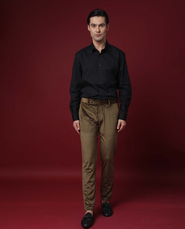Rare Rabbit Men's Ozzy Olive Solid Mid-Rise Slim Fit Premium Velvet Trouser