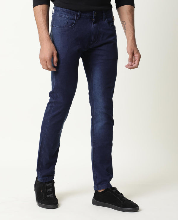 Rare Rabbit Men's Repp Blue Pant Cotton Elastane Fabric Slim Fit Button & Zip Closure Jeans