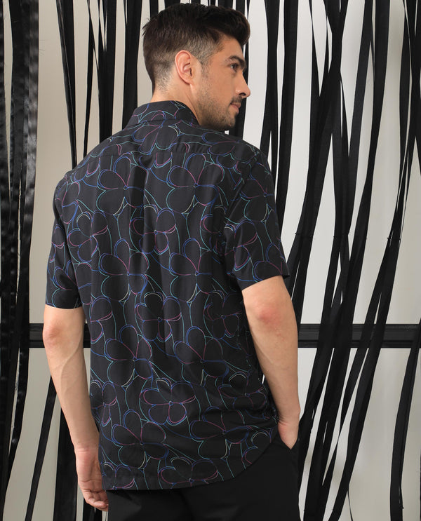 RARE RABBIT MEN'S KRIS BLACK COLLARED NECK SLIM FIT