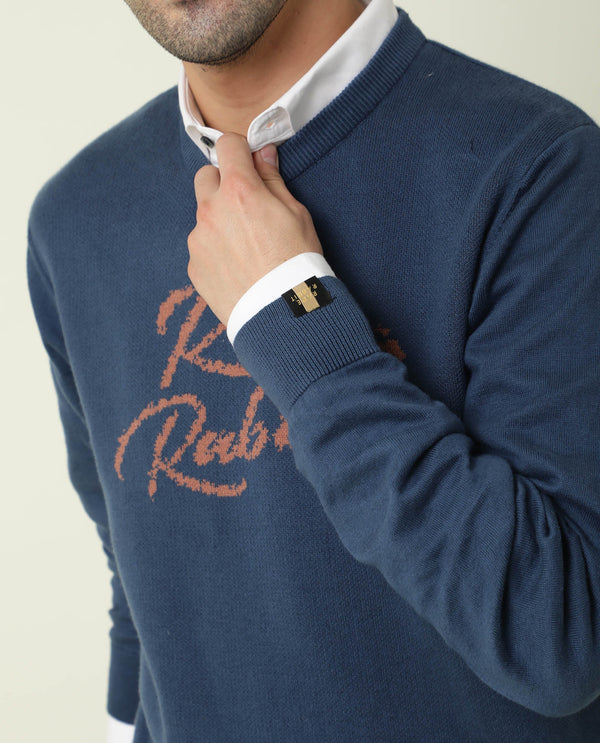 Rare Rabbit Men'S Teedo Navy Pullover Cotton Fabric Round Neck Full Sleeves Slim Fit
