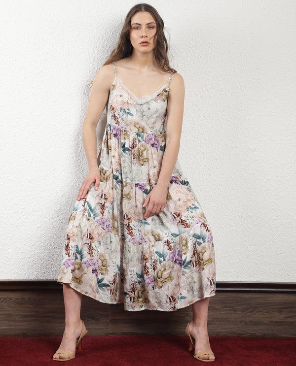 Rareism Women Joanna Multi Cotton Fabric Sleeveless V-Neck Shoulder Straps Regular Fit Floral Print Midi Tiered Dress