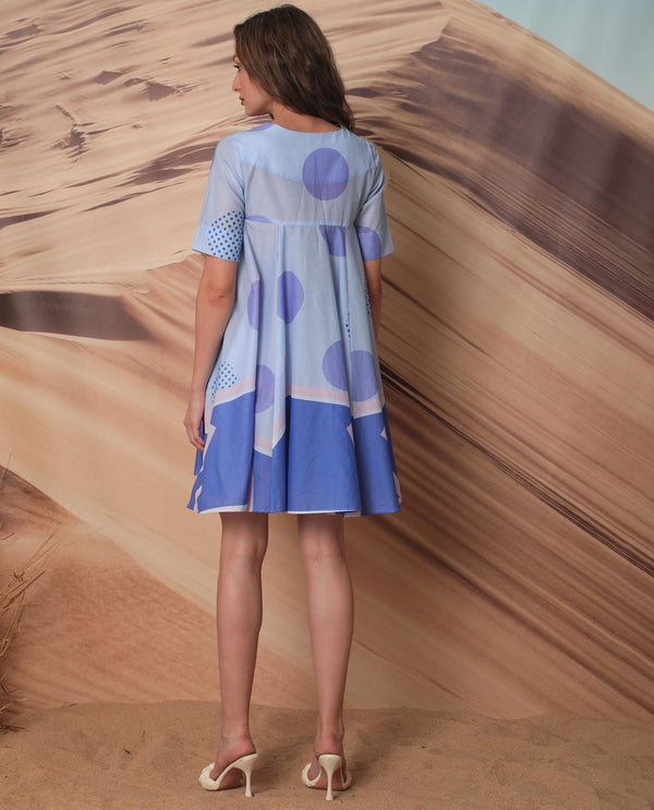 Rareism Women Coco Blue Cotton Fabric Short Sleeves Over Lap Flared Fit Abstract Print Knee Length Empire Dress