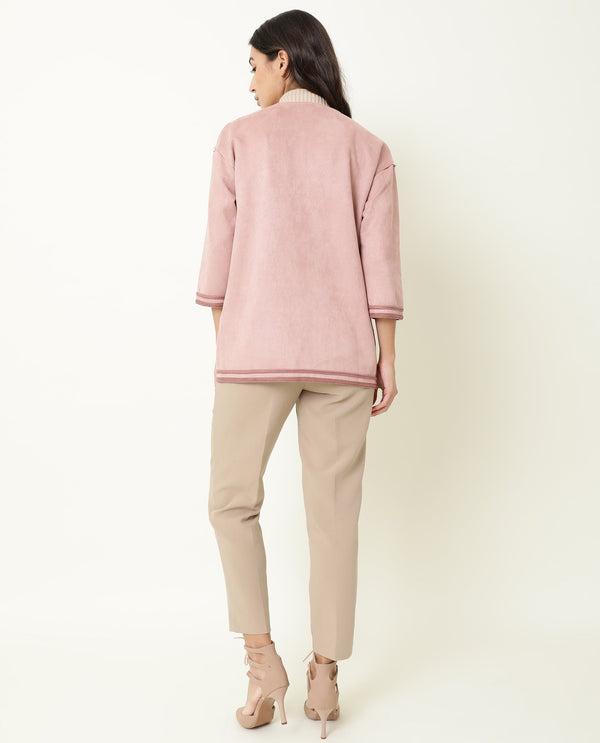 Rareism Women Square Dark Pink Polyester Fabric 3/4Th Sleeves Solid Boat Neck Jacket