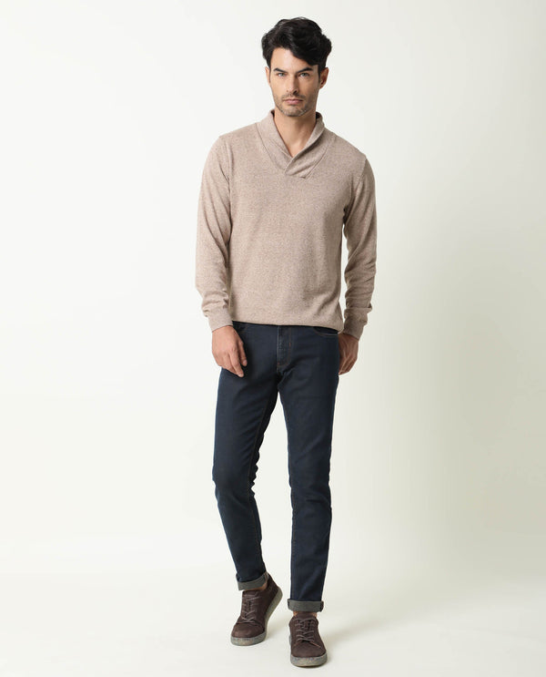 Rare Rabbit Denvy Primary Beige Cotton Fabric Full Sleeve Broad Collar Slim Fit Sweater