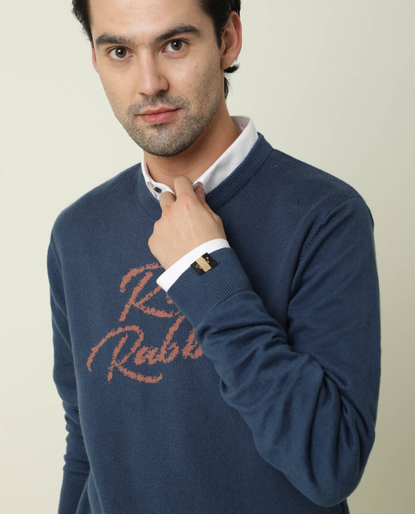 Rare Rabbit Men'S Teedo Navy Pullover Cotton Fabric Round Neck Full Sleeves Slim Fit